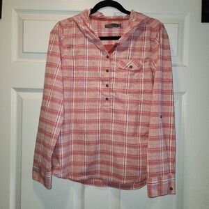 PrAna Size Medium Women's Pink Red Plaid Anja Long Sleeve Hooded Shirt